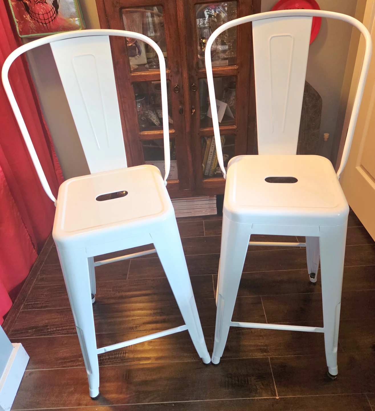 Set of Two White Metal Bar Stools