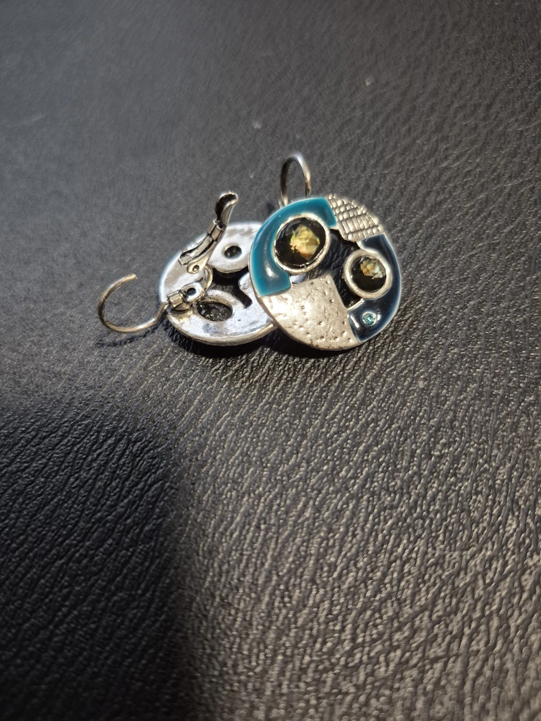 Round "Owl" Earrings with Blue and Green Enamel and Gemstones