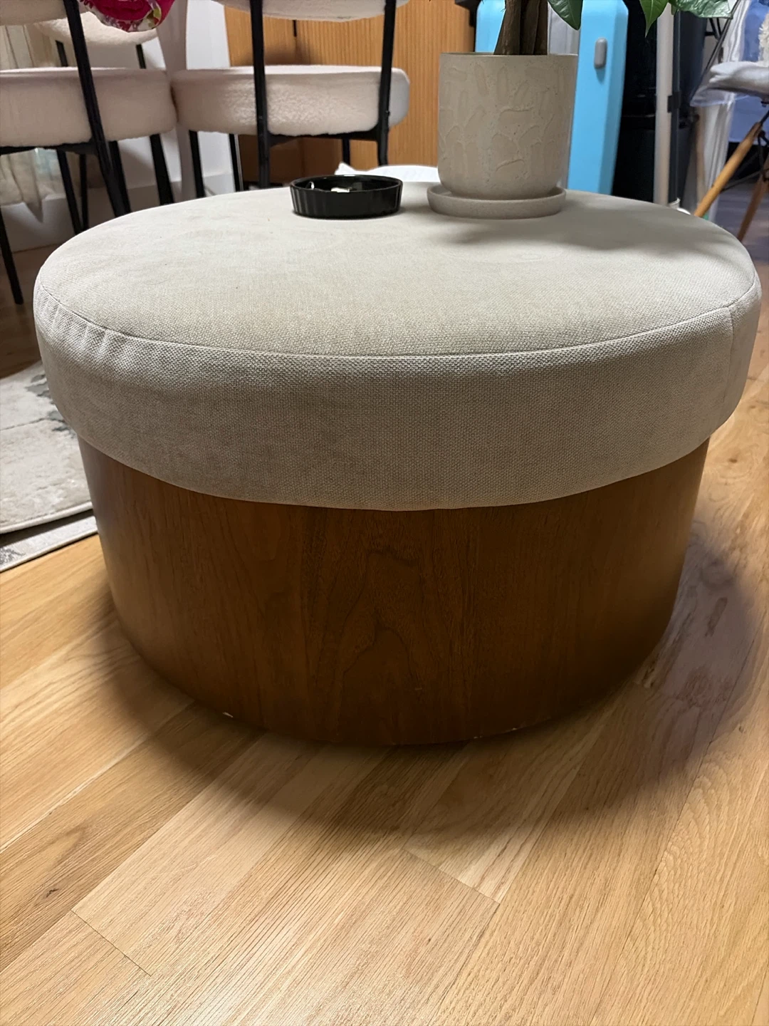 Round Upholstered Ottoman with Wooden Base