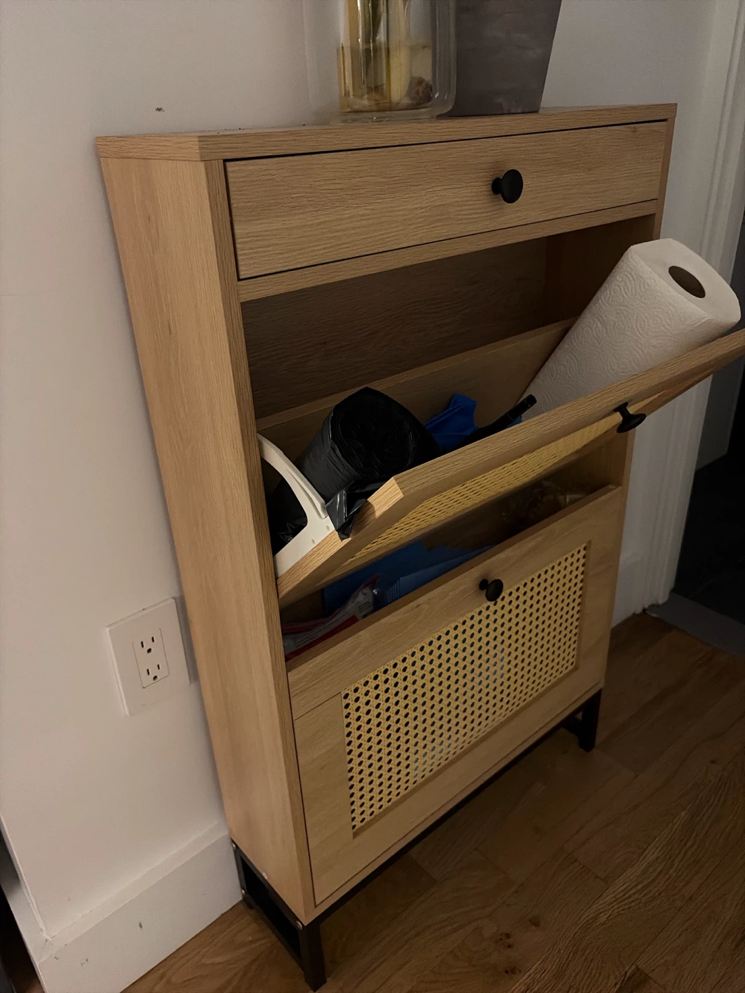 Wooden Cabinet with Drawer and Cane Door