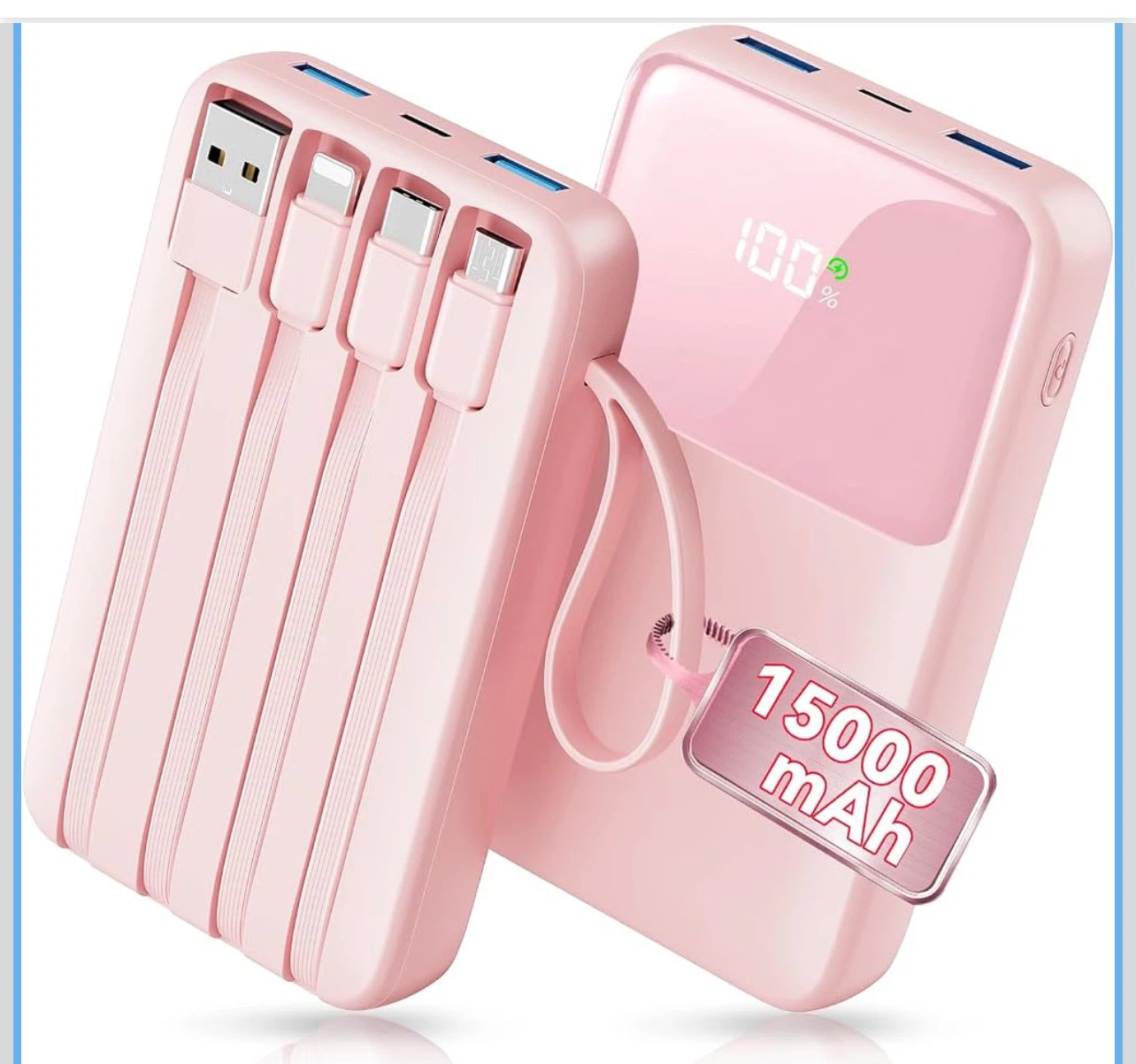 Pink 15000mAh Portable Charger with Built-in Cables