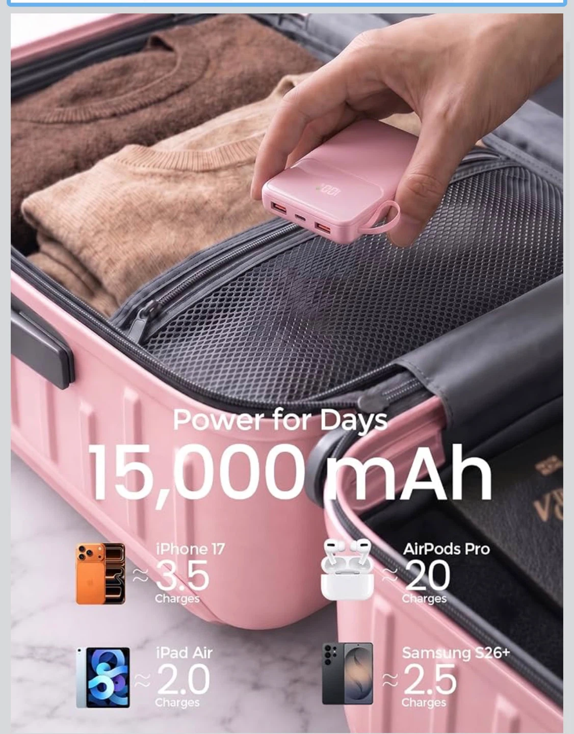 Pink 15000mAh Portable Charger with Built-in Cables - photo 2