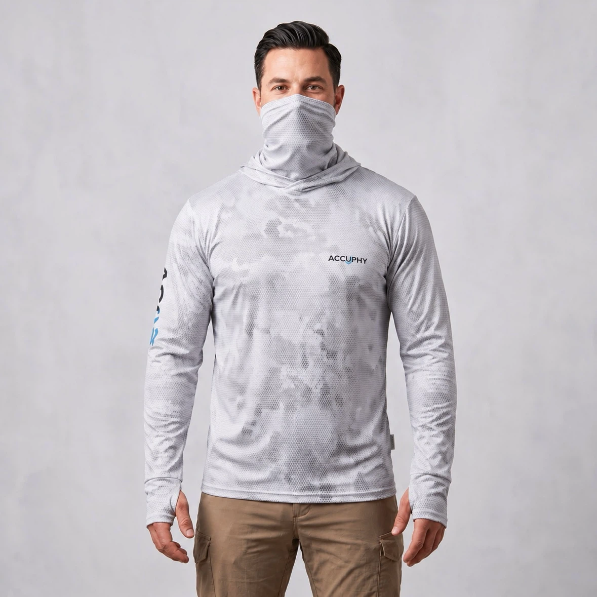 Accuphy Grey Camo Hooded Sun Shirt UV Protection Long Sleeve L