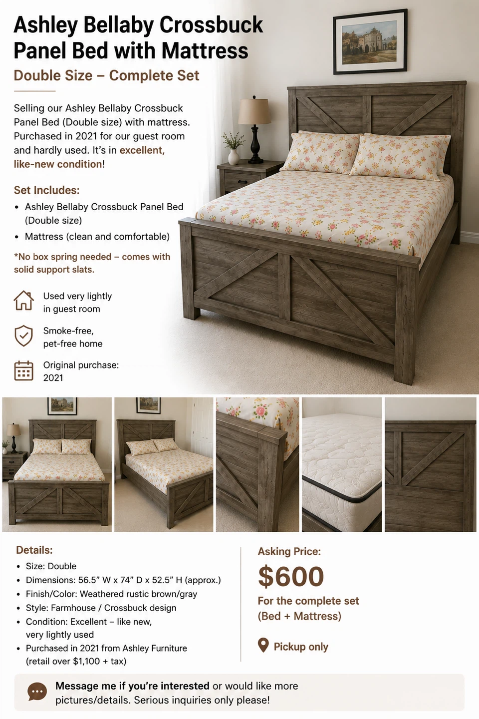 Ashley Bellaby Crossbuck Panel Bed + Mattress – Double