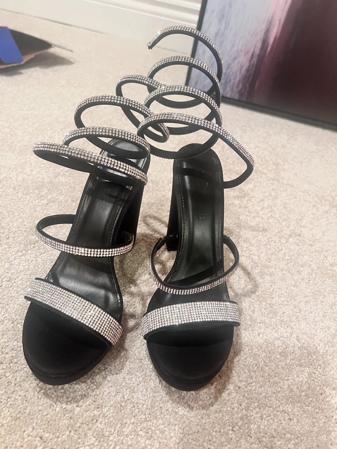 Black Heeled Sandals with Rhinestone Spiral Wraps