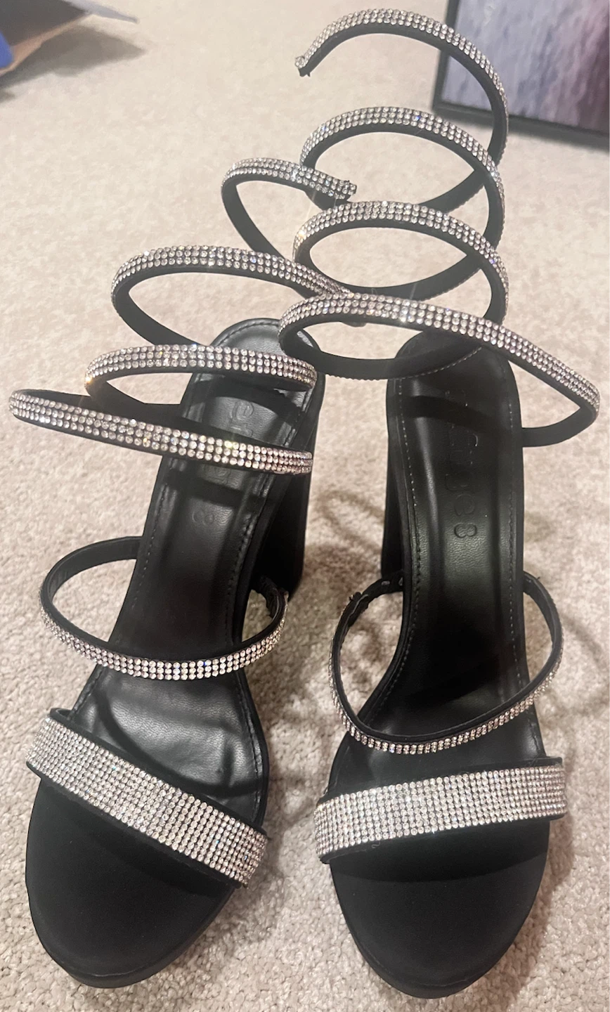 Black Heeled Sandals with Rhinestone Spiral Wraps - photo 2