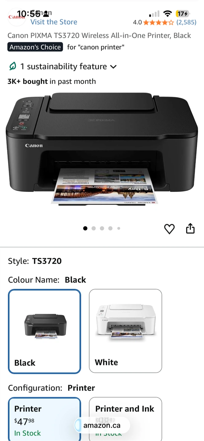 Canon PIXMA TS3720 Wireless All-in-One Printer Black