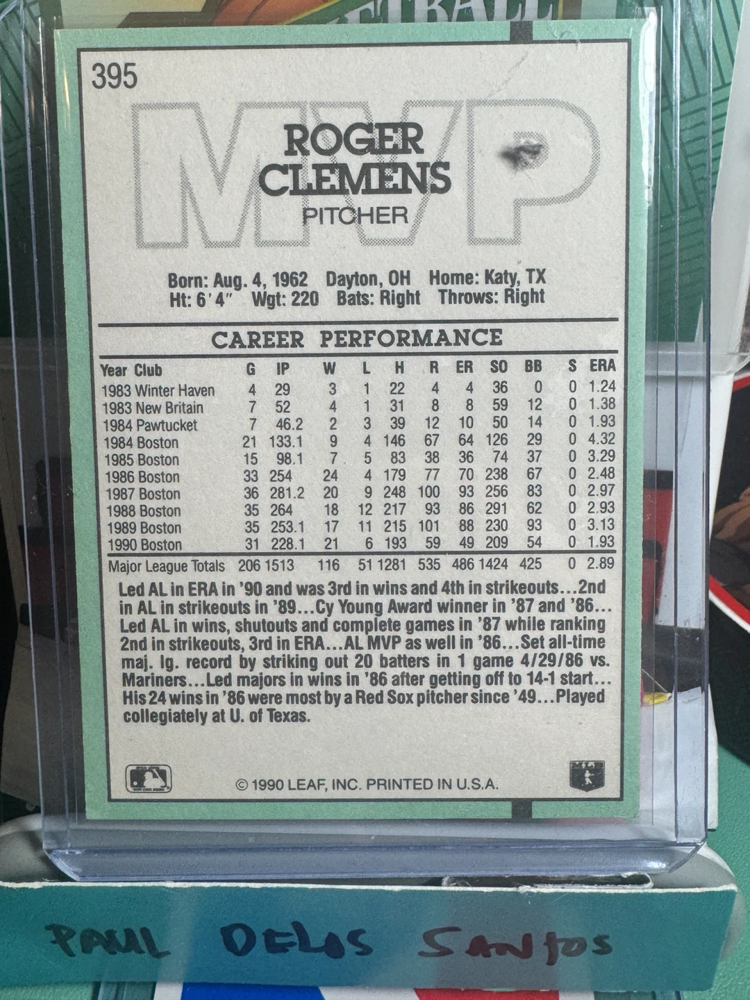 1990 Leaf Roger Clemens Baseball Card - photo 3