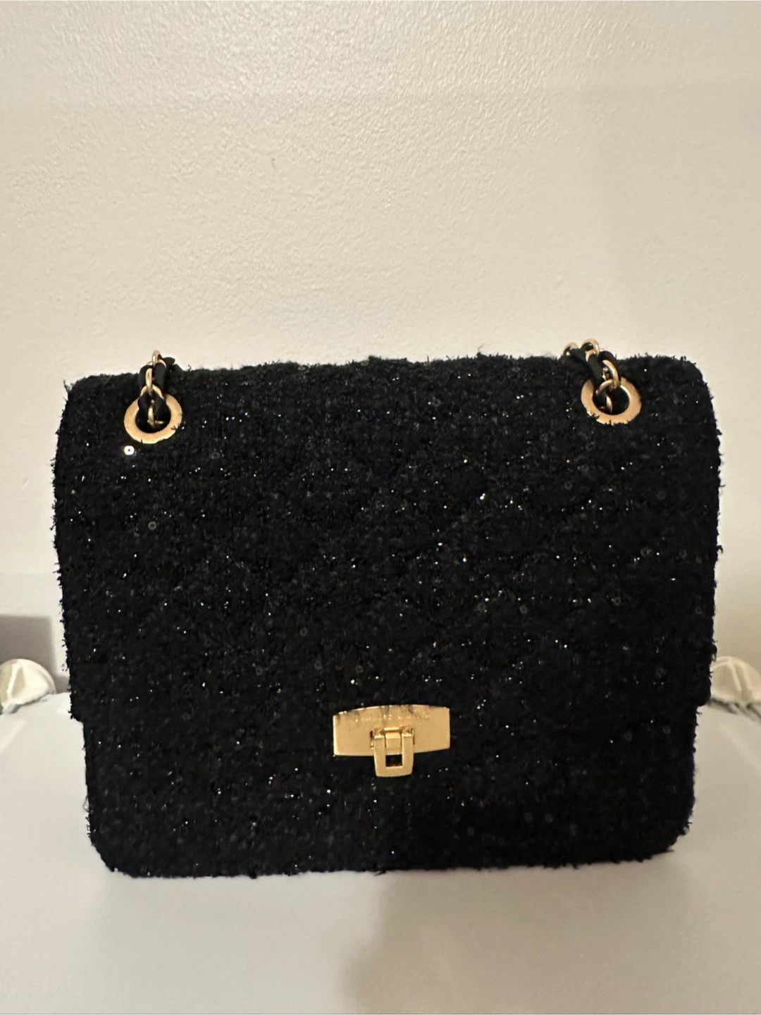 Black Sequin Tweed Chain Bag