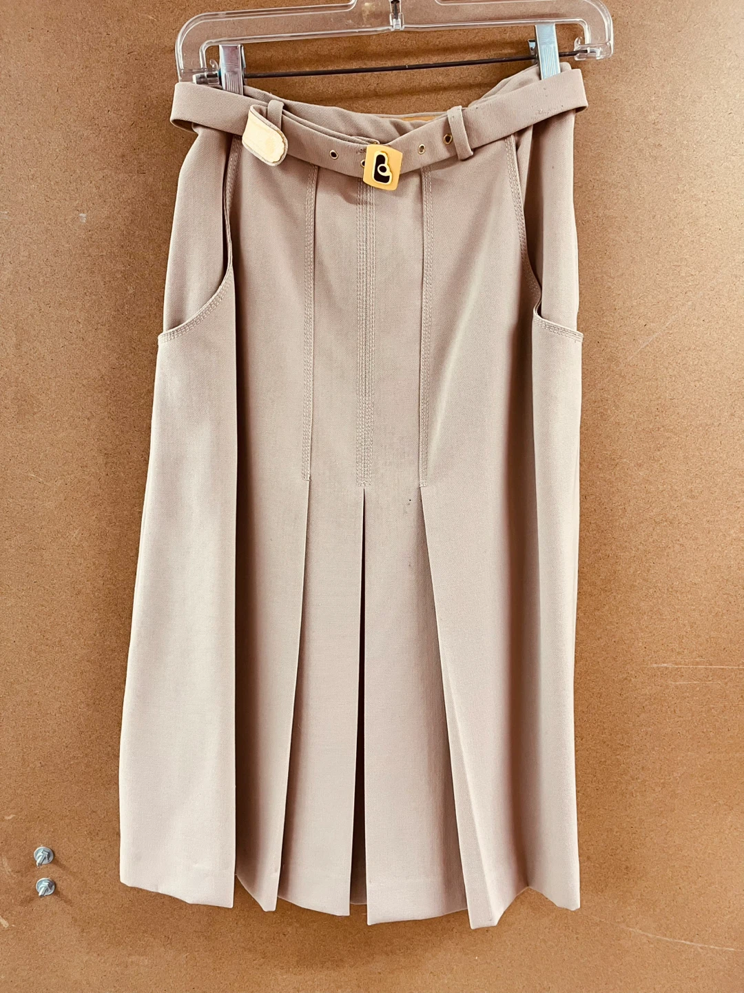 Beige A-Line Midi Skirt with Belt