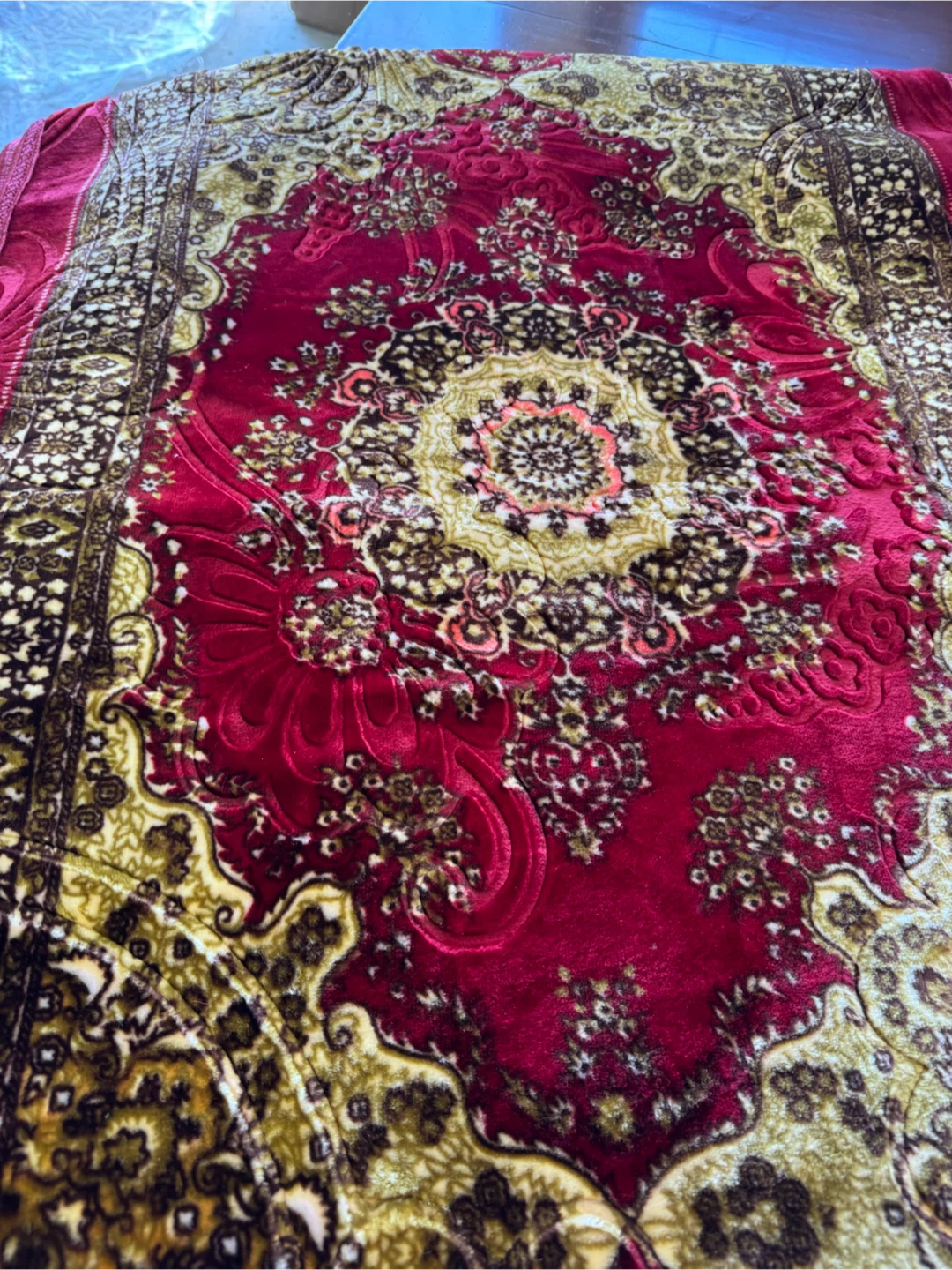 New machine washable Red and Gold Plush Patterned runner