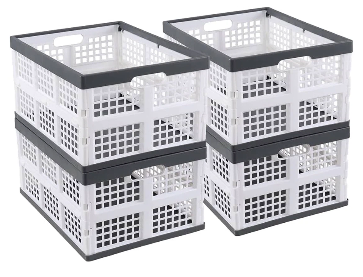 Set of 4 Folding Storage Crate - White & Grey