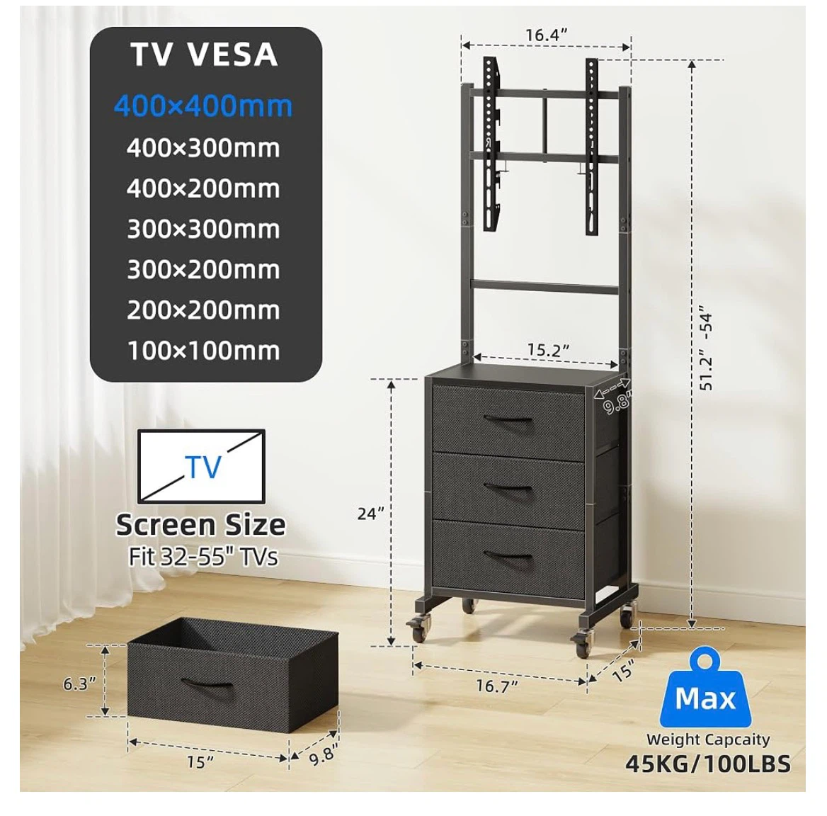 Rolling TV Stand with 3 Drawers - Fits 32"-55" TVs - photo 4