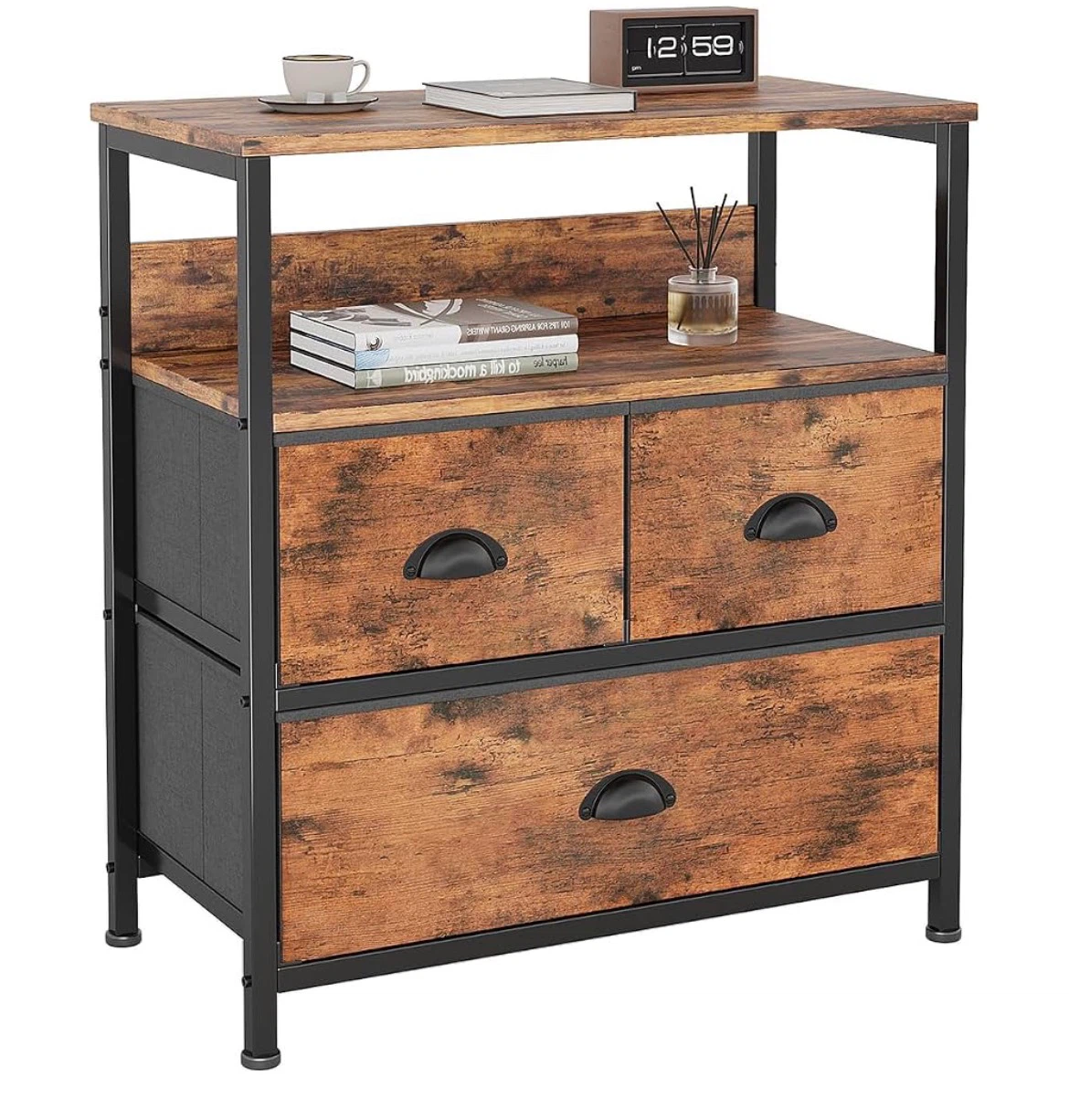 Rustic Wood Nightstand with 3 Fabric Drawers