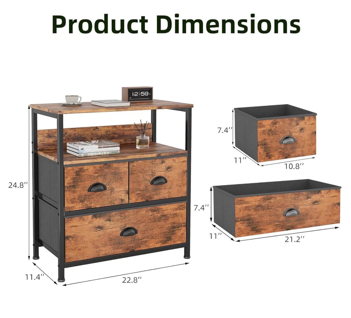 Rustic Wood Nightstand with 3 Fabric Drawers - photo 2