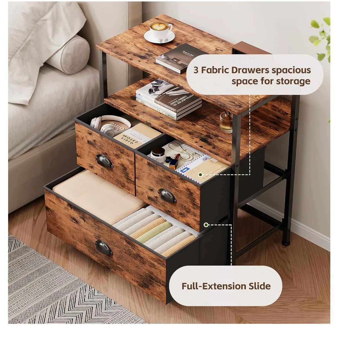 Rustic Wood Nightstand with 3 Fabric Drawers - photo 4