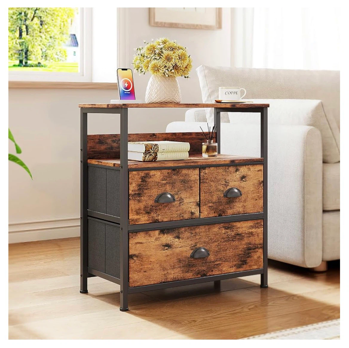 Rustic Wood Nightstand with 3 Fabric Drawers - photo 5