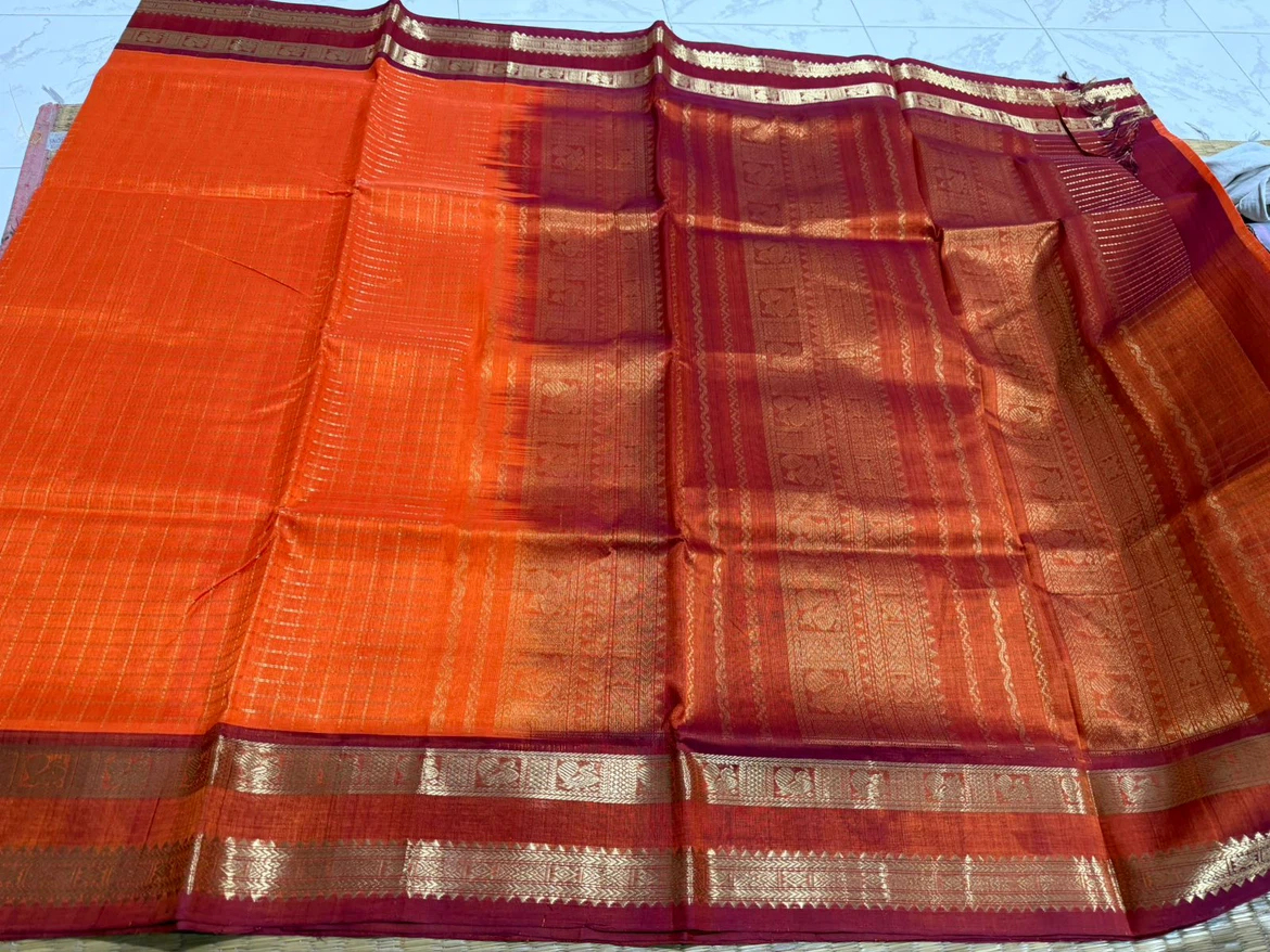 Orange and Red Saree with Gold Zari Border