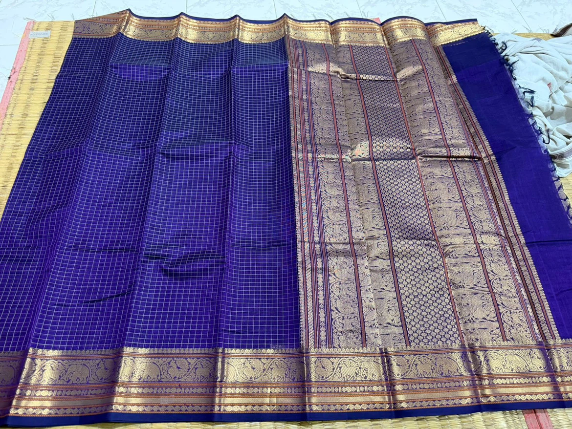 Blue Silk Saree with Gold Border