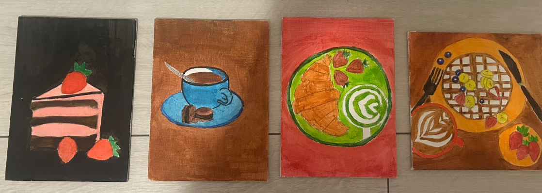 Set of 4 Hand-Painted Cafe Themed Canvases