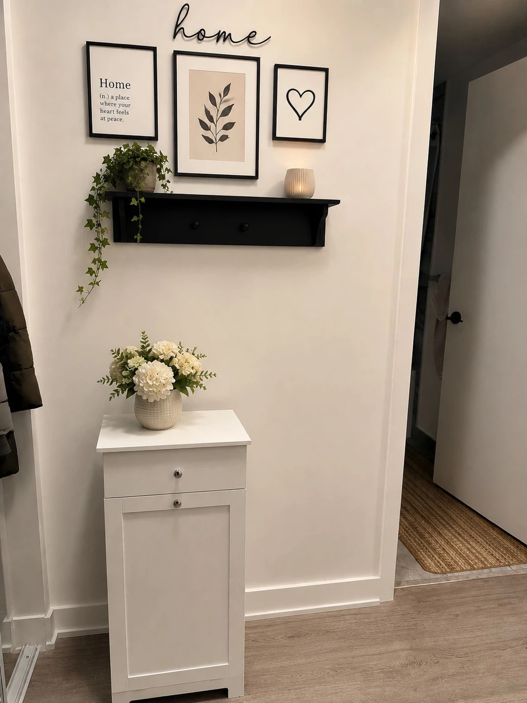 White Laundry Hamper Cabinet with Drawer