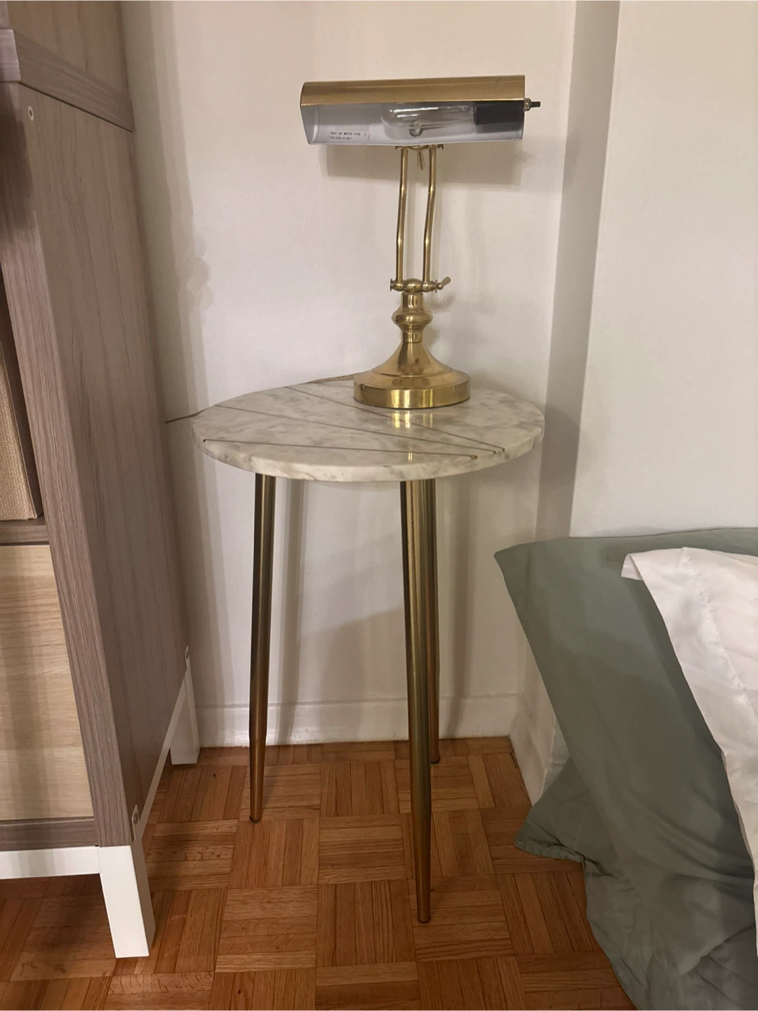 MOVING - White Marble Accent Table with Brass Legs and Inlay