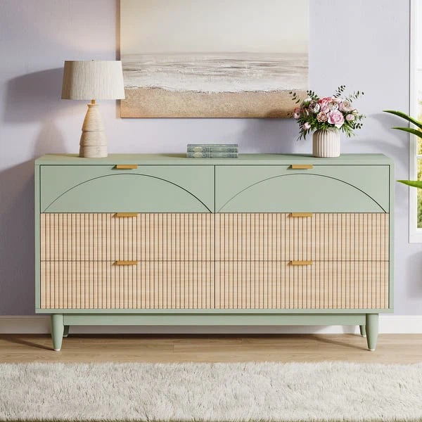 Sage Green 6-Drawer Dresser with Natural Wood Accents