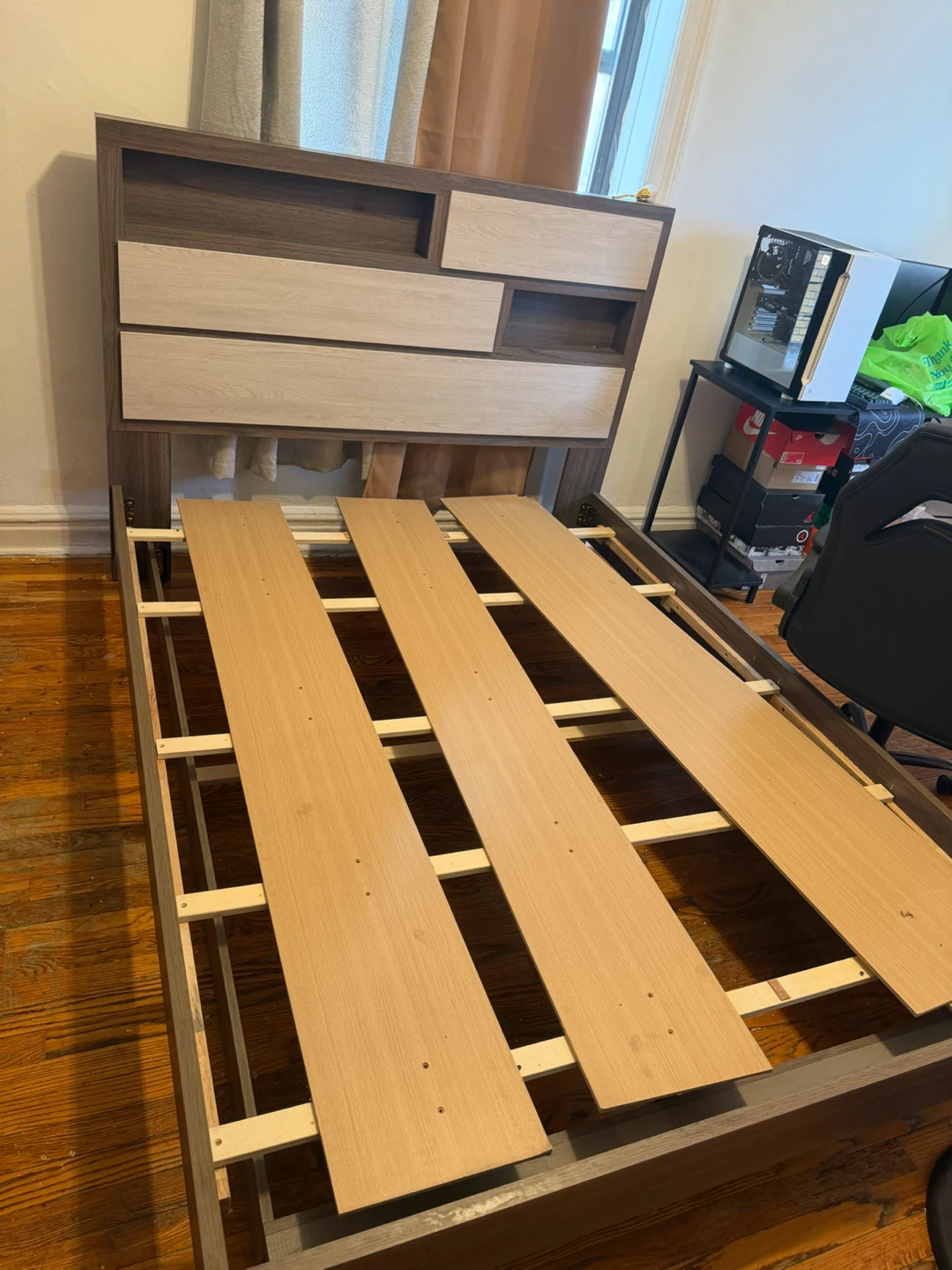 Modern Gray and Oak Wood Bed Frame with Headboard