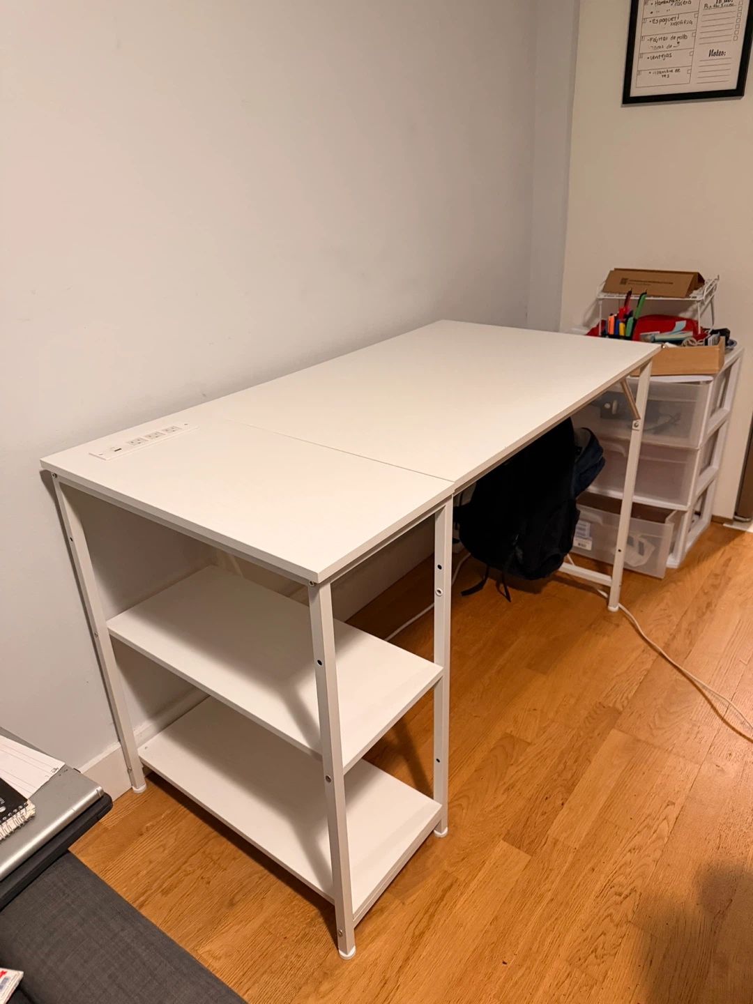 White desk with built-in power outlets and storage shelves - photo 3
