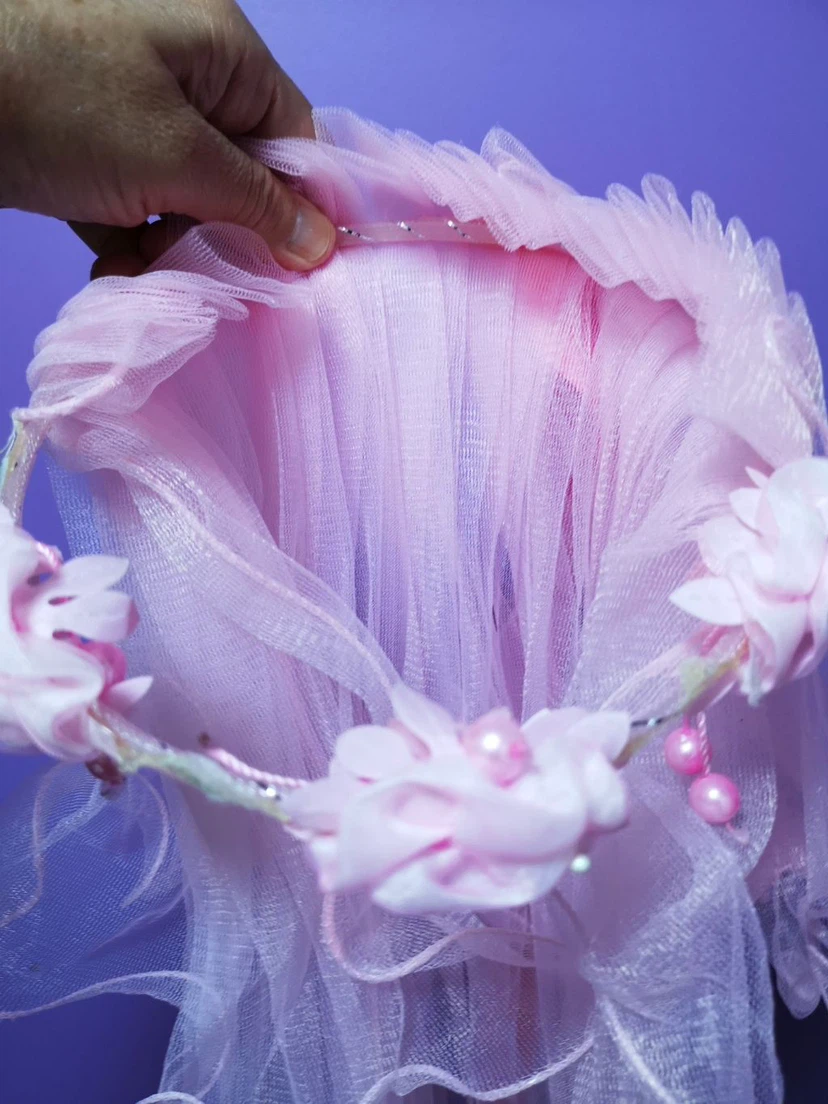 Pink tulle veil with floral headband