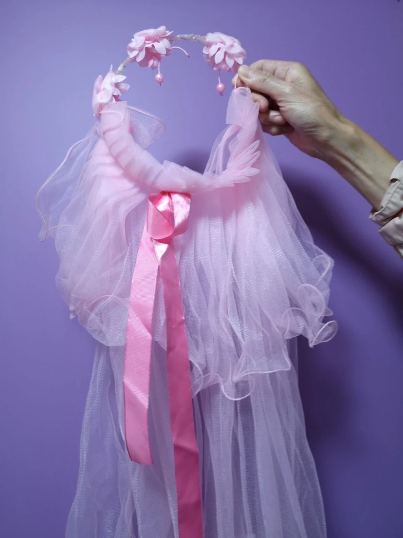 Pink tulle veil with floral headband - photo 2
