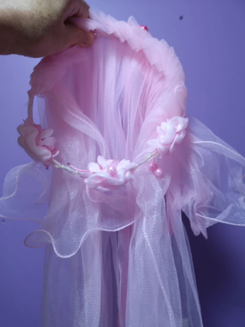 Pink tulle veil with floral headband - photo 3