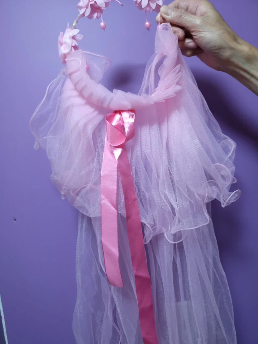 Pink tulle veil with floral headband - photo 4