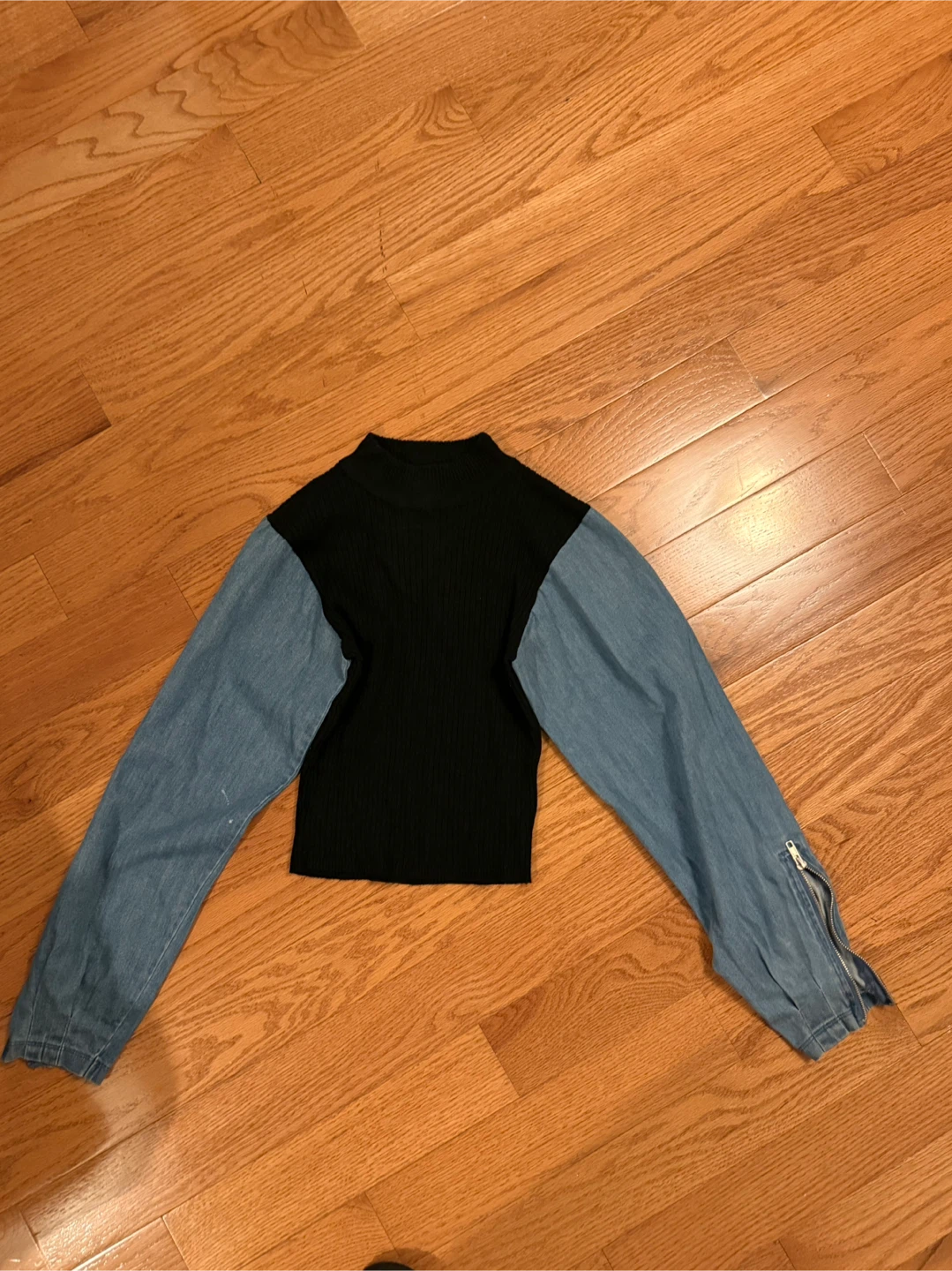 Black Knit Top with Denim Sleeves