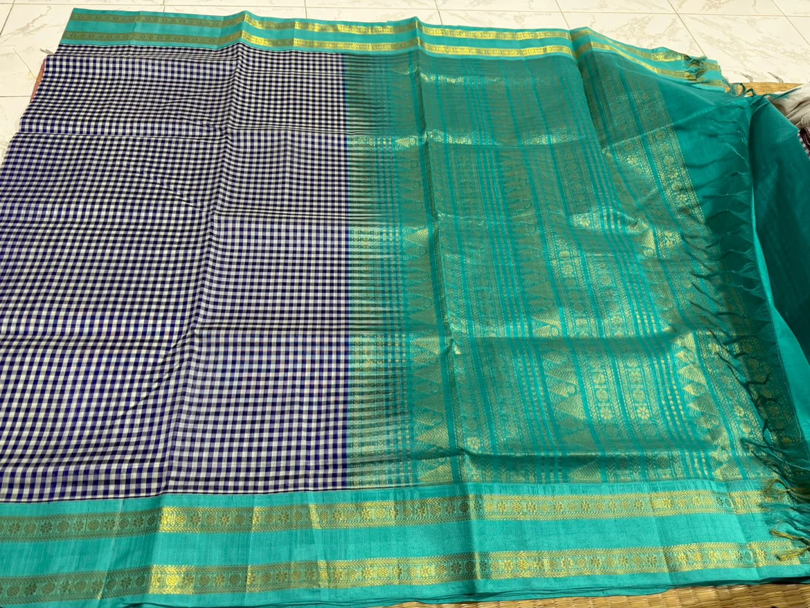 Teal & Gold Gingham silk cotton Saree