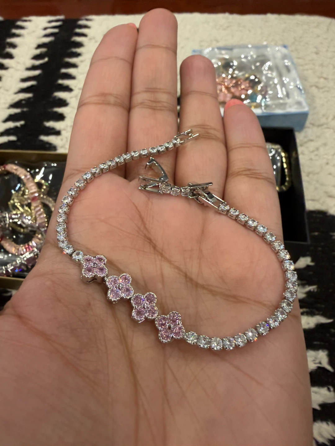Silver Tennis Bracelet with Pink Flower Charms