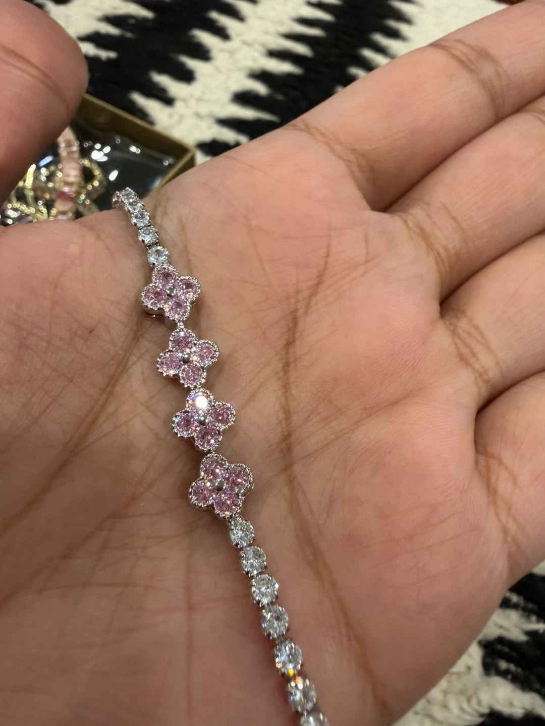 Silver Tennis Bracelet with Pink Flower Charms - photo 2