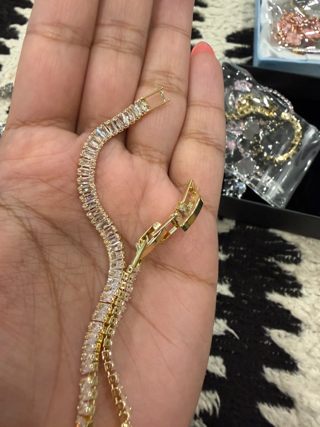 Tennis Bracelet Gold Tone Baguette Crystals