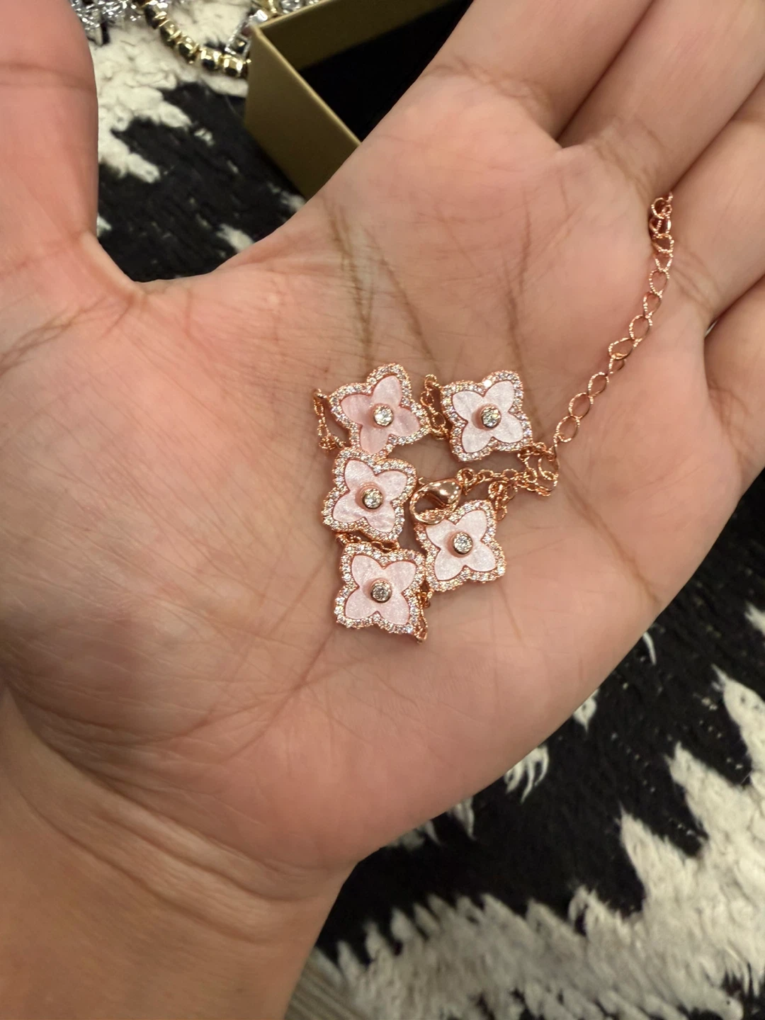 Rose Gold Clover Bracelet with Pink Stones