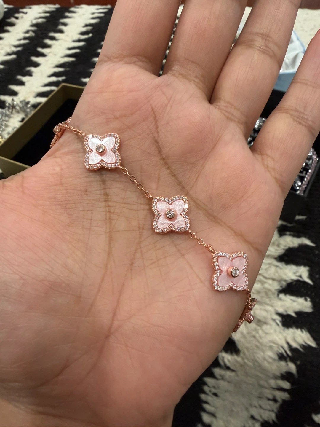 Rose Gold Clover Bracelet with Pink Stones - photo 2