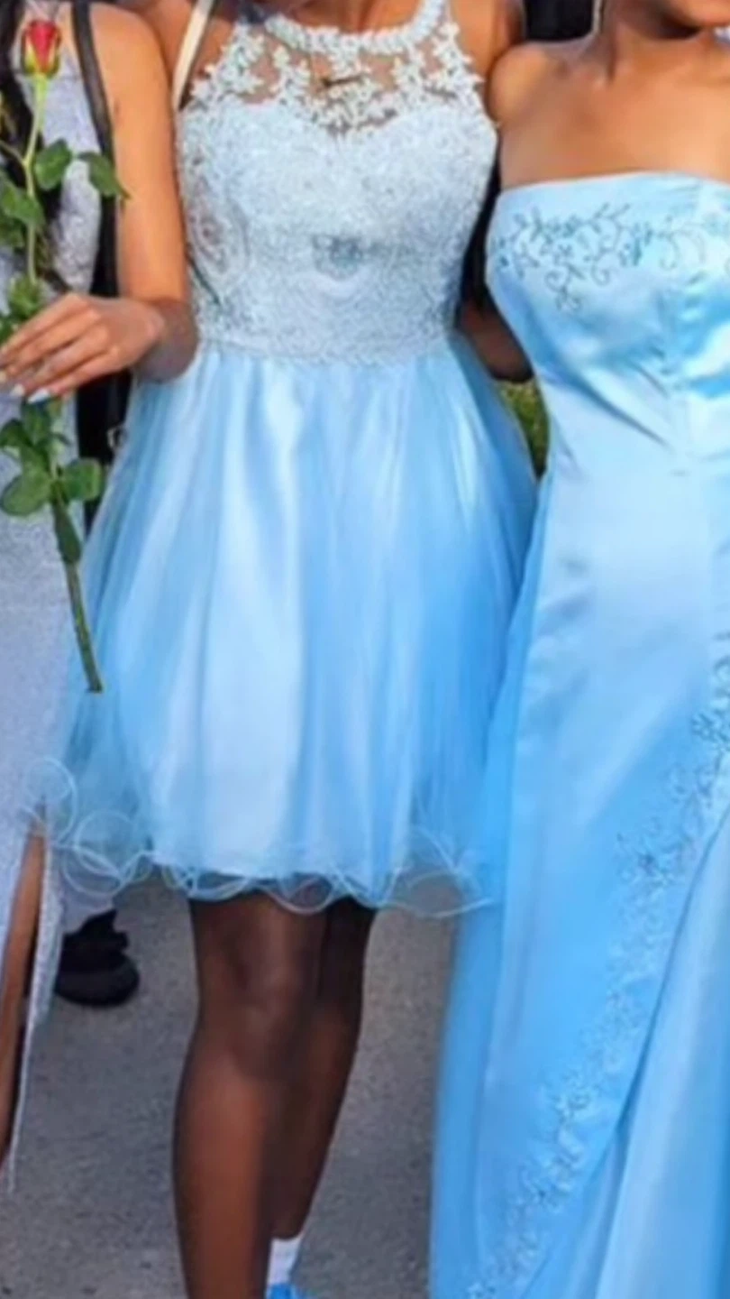 Light blue lace and tulle short formal dress