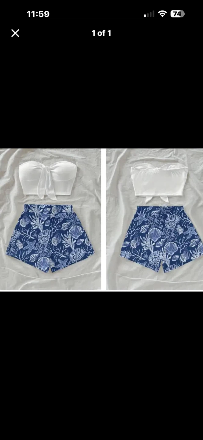 White Strapless Top and Shell Print Shorts Set size small
