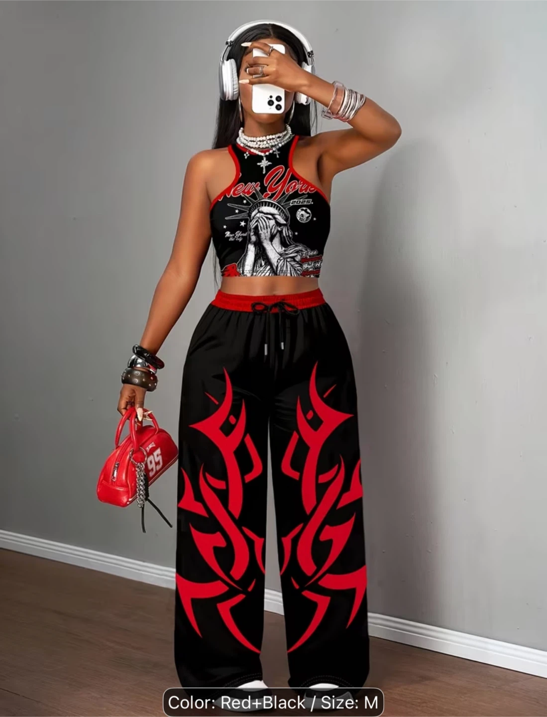 Red and Black Graphic Crop Top and Pants Set