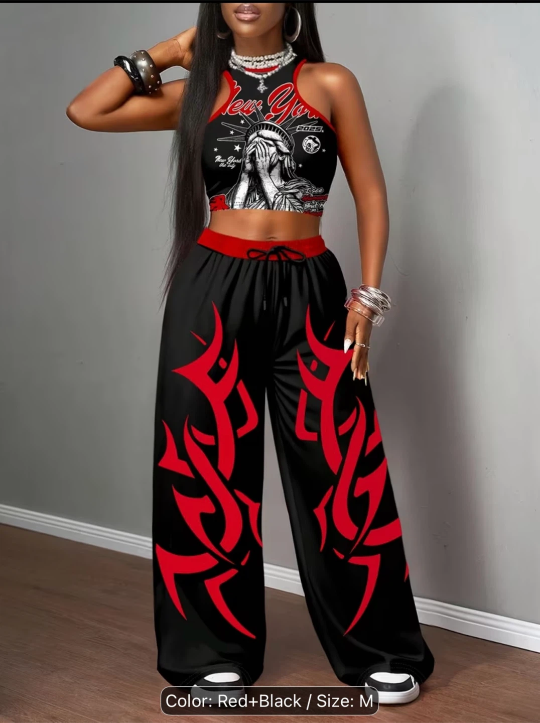 Red and Black Graphic Crop Top and Pants Set - photo 2