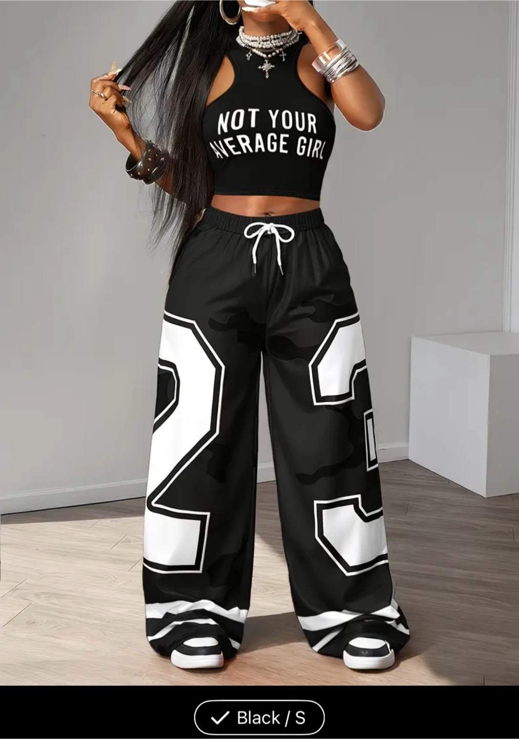 Black and white graphic wide-leg pants
