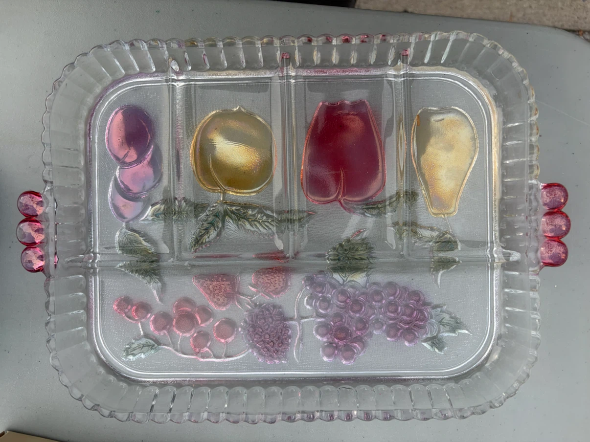 Vintage Divided Glass Serving Platter with Fruit Design