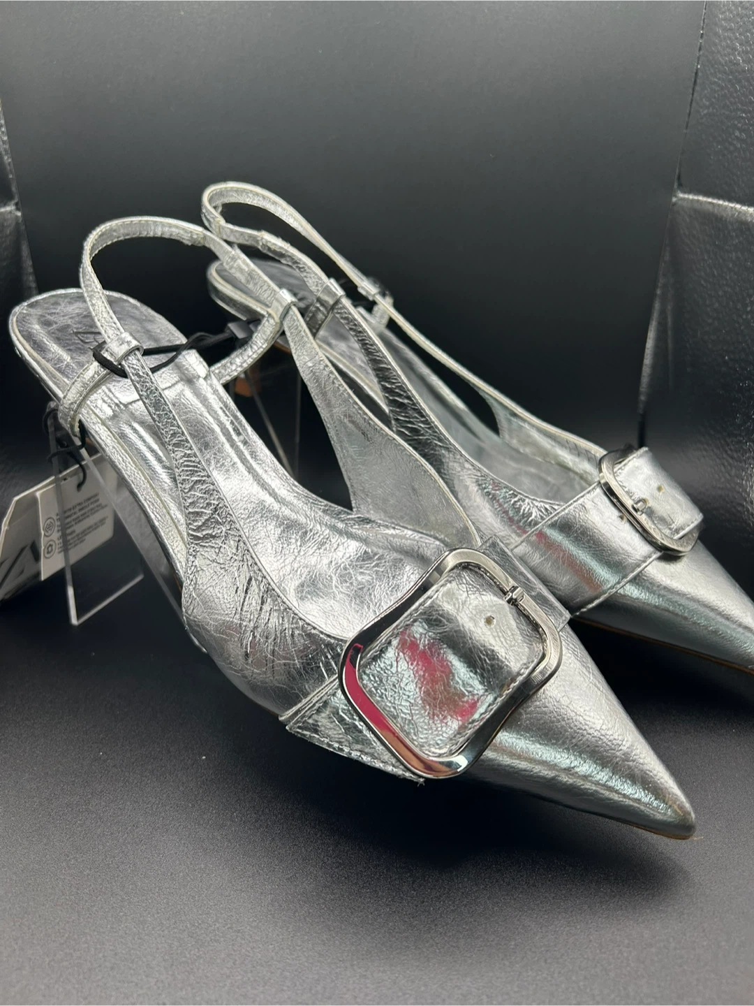 7.5 - Zara Silver Metallic Buckle Slingback Heels - photo 5