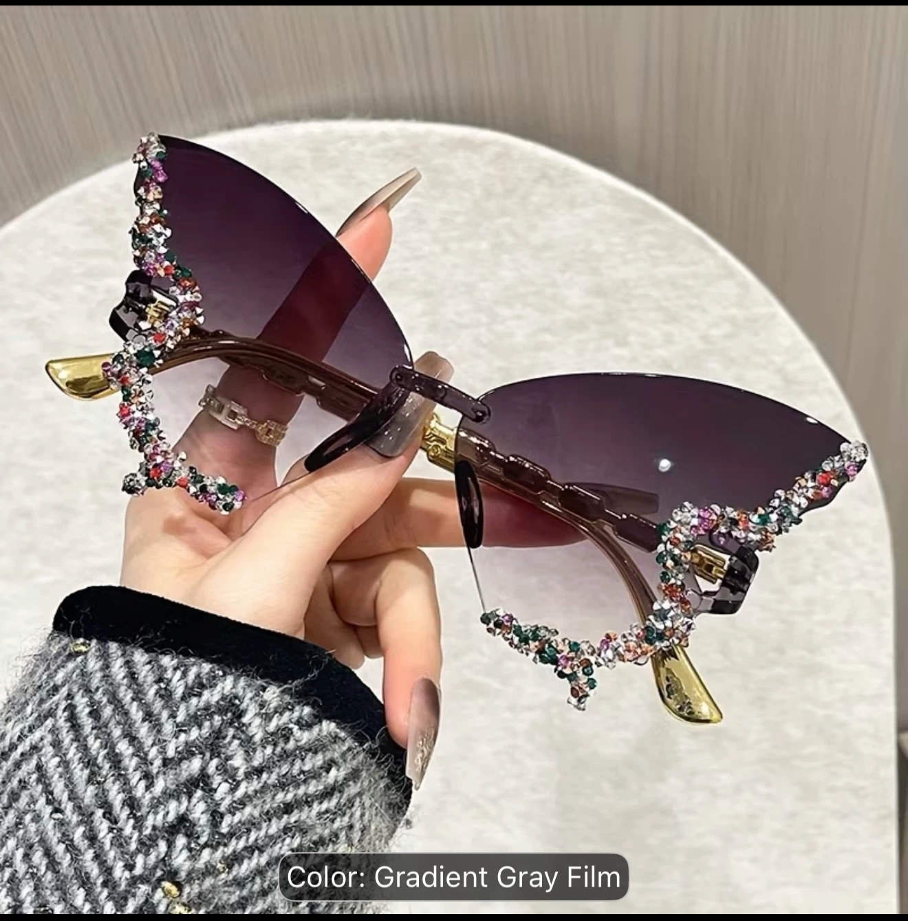 Butterfly Rhinestone Sunglasses Gradient Grey