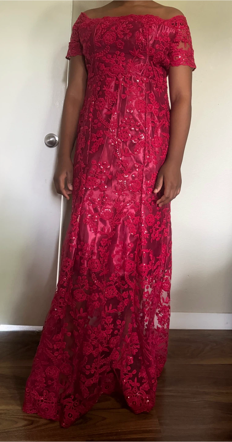 Red Embroidered Lace Evening Gown