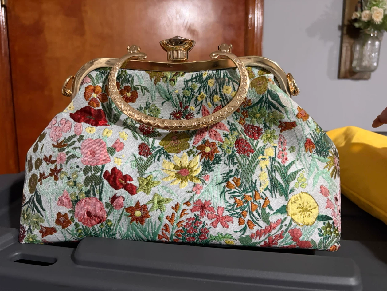 Floral Embroidered Frame Clutch with Gold Handle - photo 2